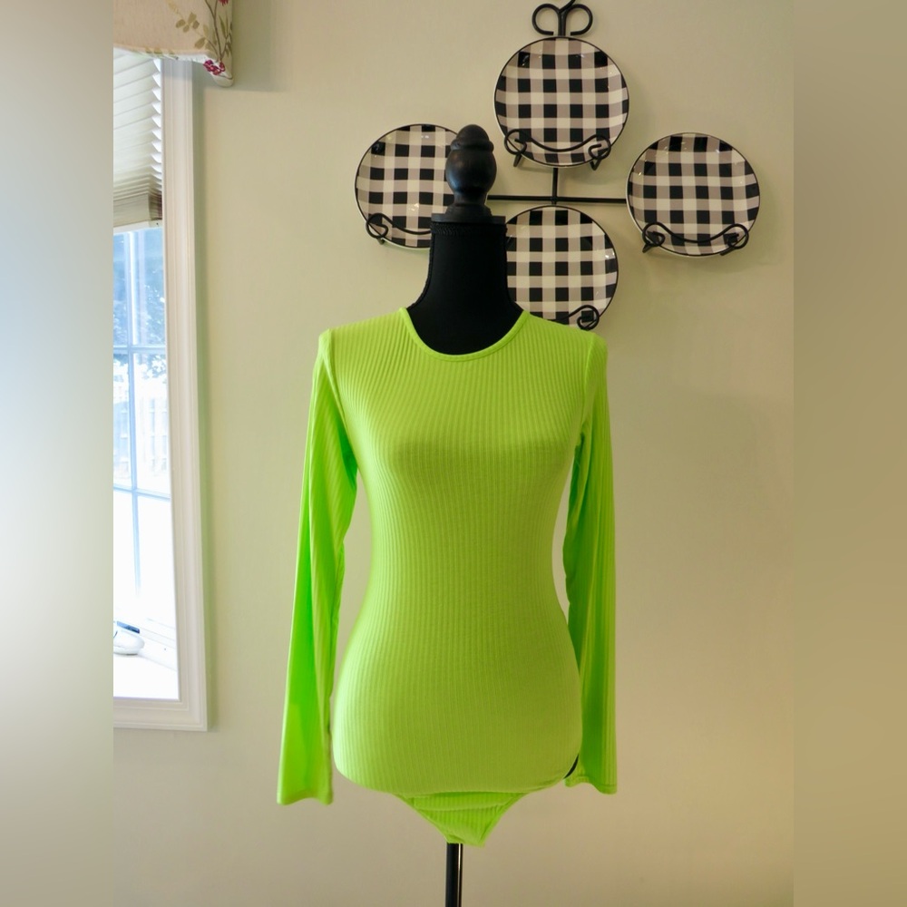 Free People Neon Green Backless Long Sleeve Bodysuit